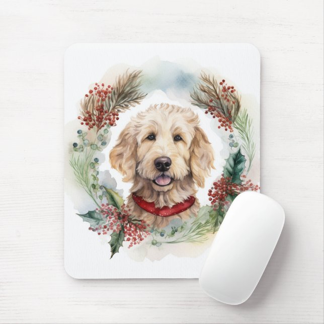 Alfombrilla De Ratón Navidades de Goldendoodle Wreath Festial Pup (Con ratón)