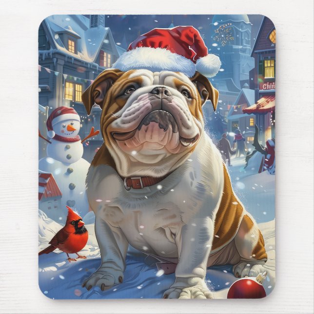 Alfombrilla De Ratón Navidades de invierno Bulldog inglés disfrutan (Frente)