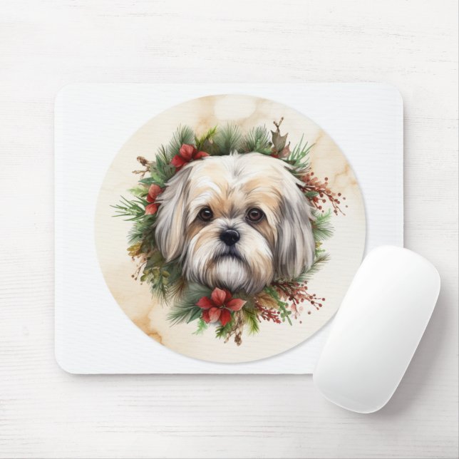 Alfombrilla De Ratón Navidades de Lhasa Apso Wreath Festimes Pup (Con ratón)