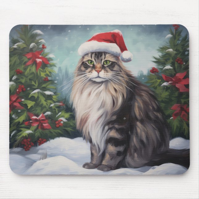 Alfombrilla De Ratón Navidades de Nieve al gato de Maine Coon (Frente)
