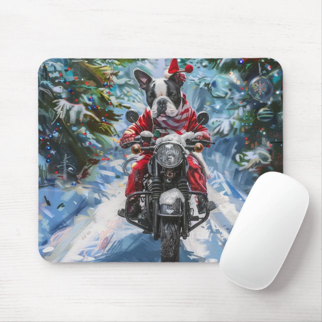 Alfombrilla De Ratón Navidades en motocicleta de Boston Terrier Dog Rid (Con ratón)