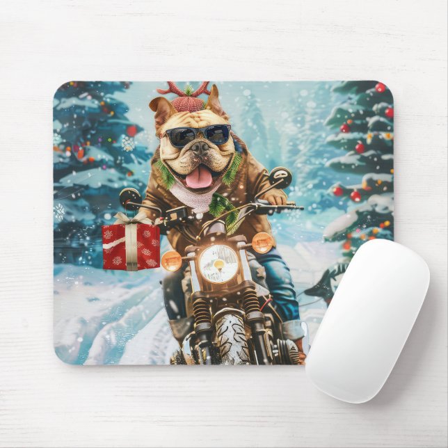Alfombrilla De Ratón Navidades en motocicleta de bulldog (Con ratón)
