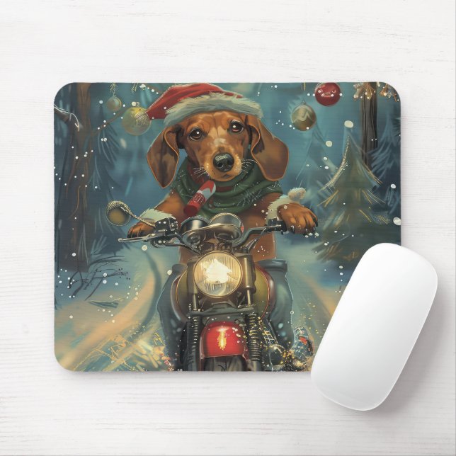 Alfombrilla De Ratón Navidades en motocicleta de Dachshund (Con ratón)