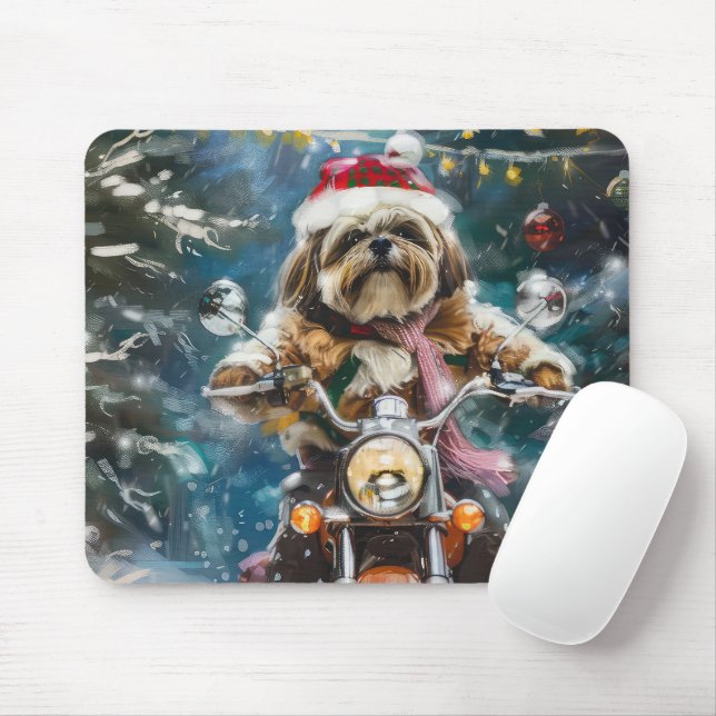 Alfombrilla De Ratón Navidades en motocicleta de lhasa Apso Dog Riding (Con ratón)