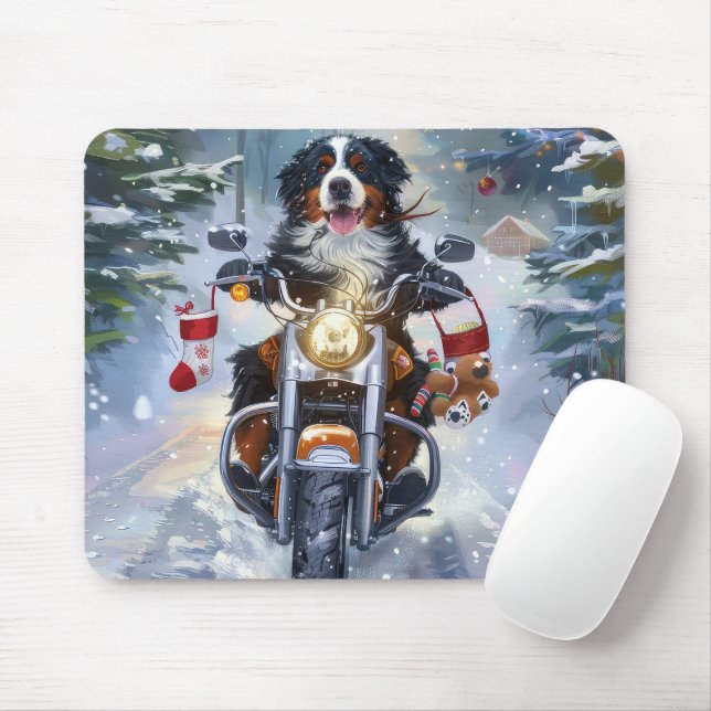 Alfombrilla De Ratón Navidades en motocicleta de Montaña Perro de Berna (Con ratón)