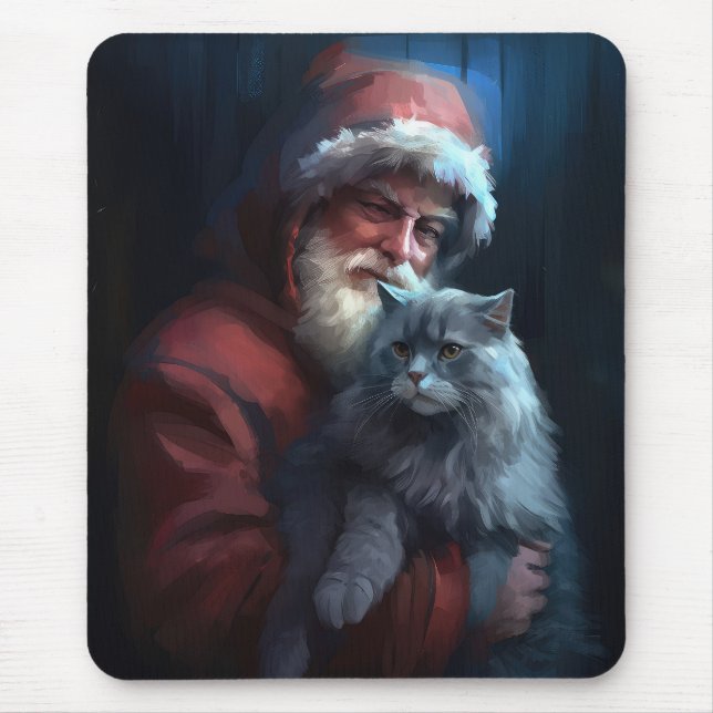 Alfombrilla De Ratón Navidades festivos del gato azul ruso Santa Claus (Frente)