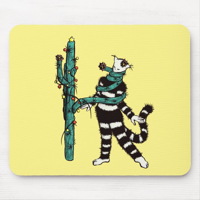 Alfombrilla De Ratón Navidades Gato Y Cactus Xmas Extraños (Frente)