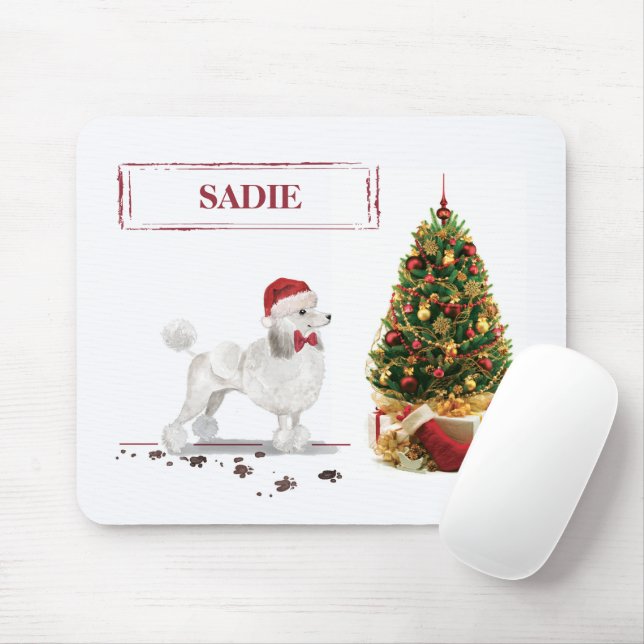 Alfombrilla De Ratón Navidades graciosos de White Poodle con árbol (Con ratón)