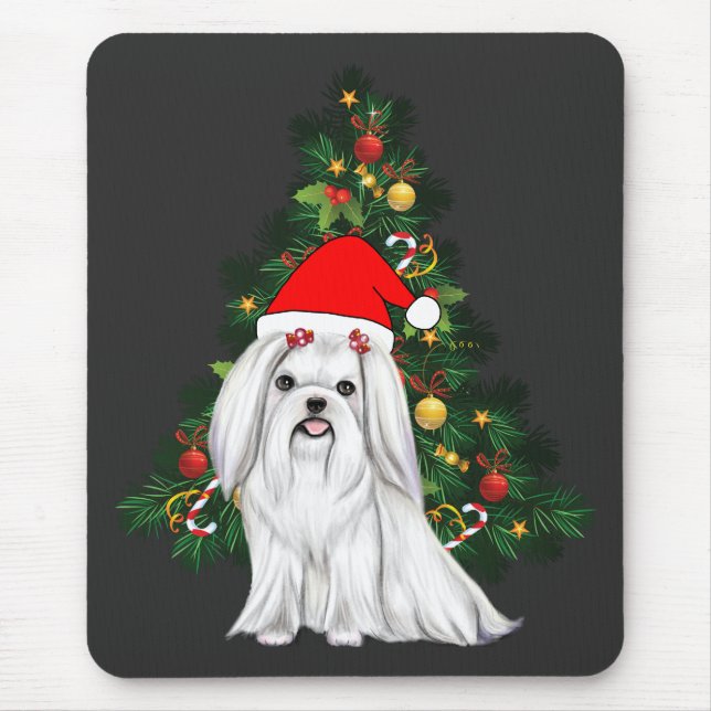 Alfombrilla De Ratón Navidades malteses, Navidad Perro maltés con sombr (Frente)