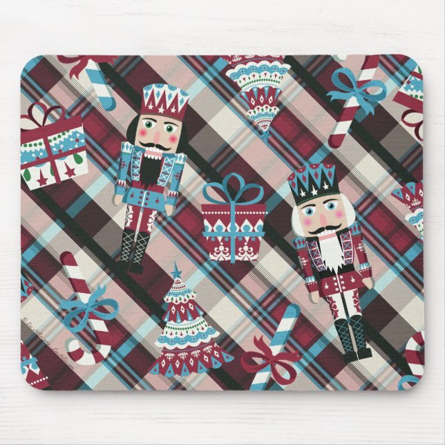 Alfombrilla De Ratón Navidades Nutcracker Plaid Blue Burgundy (Frente)
