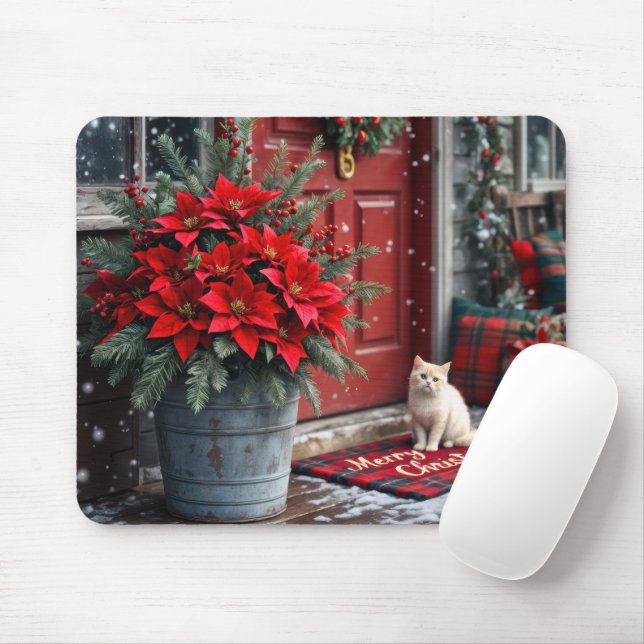Alfombrilla De Ratón Navidades Poinsettias y gato blanco (Con ratón)