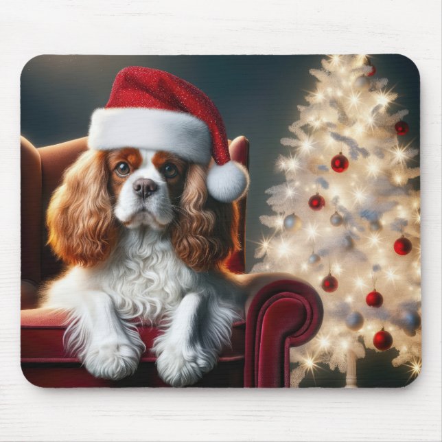 Alfombrilla De Ratón Navidades Rey Charles Spaniel en silla roja (Frente)