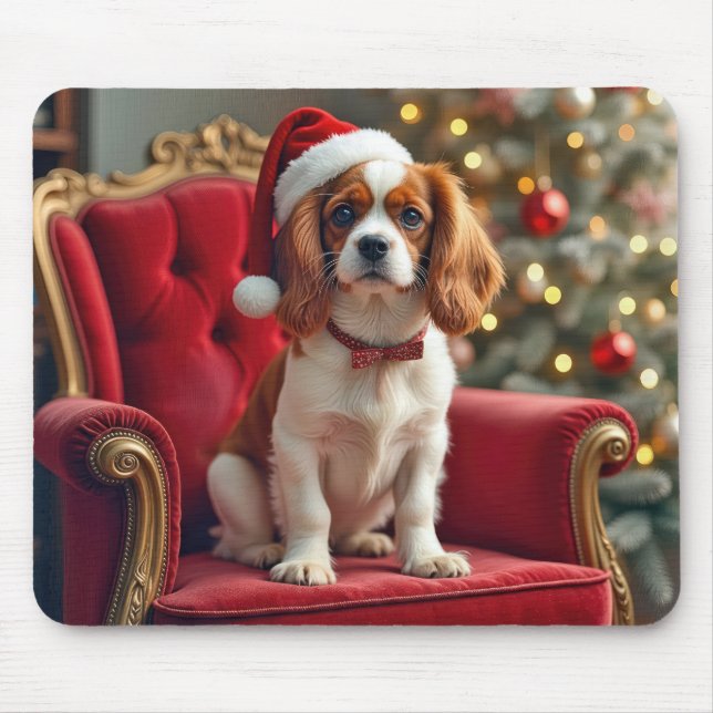 Alfombrilla De Ratón Navidades Rey Charles Spaniel en silla roja (Frente)
