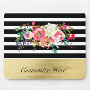 Alfombrilla De Ratón Negro Blanco Dorado Moderno Floral Glam Elegante C