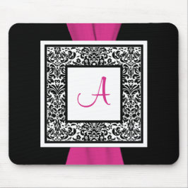 Alfombrilla De Ratón Negro del monograma, rosa, damasco blanco Mousepad