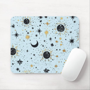Alfombrilla De Ratón Negro, Dorado y Azul Sol Luna Estrellas Celestiale
