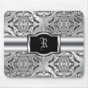 Alfombrilla De Ratón Negro elegante del damasco, blanco, plata
