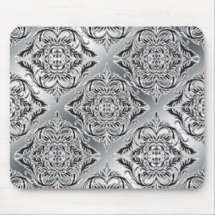 Alfombrilla De Ratón Negro elegante del damasco, blanco, plata