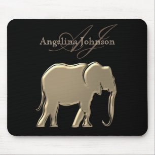 Alfombrilla De Ratón Negro y monograma moderno del elefante del Relieve