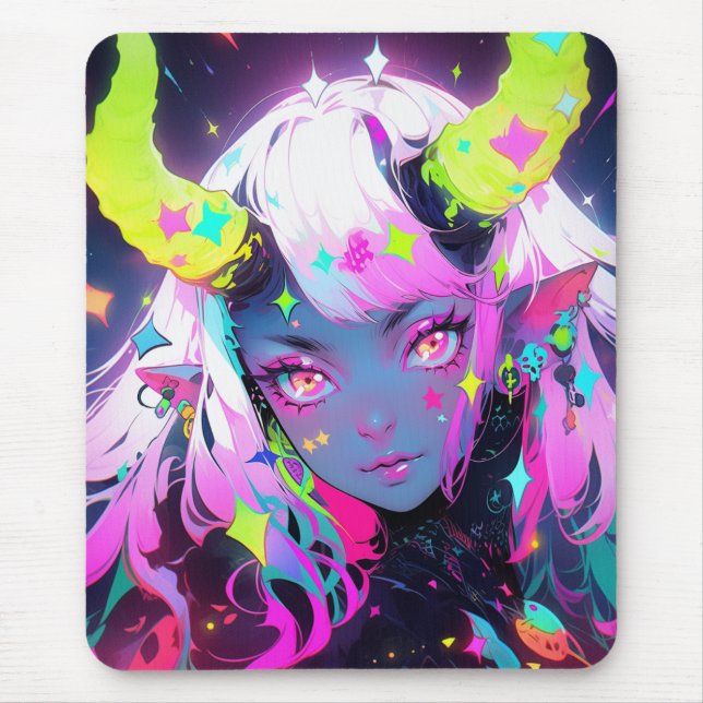 Alfombrilla De Ratón Neon Colorful Kawaii Demon Anime Chica (Frente)