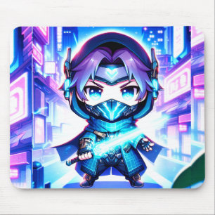 Alfombrilla De Ratón Neon Warrior - Chibi Cyber Ninja Mousepad
