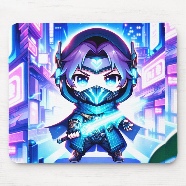 Alfombrilla De Ratón Neon Warrior - Chibi Cyber Ninja Mousepad (Frente)