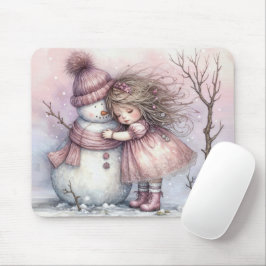 Alfombrilla De Ratón Niña abrazando a un muñeco de nieve