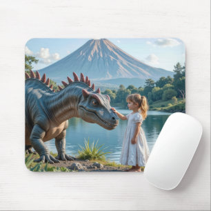 Alfombrilla De Ratón Niña acariciando a un dinosaurio