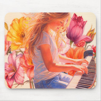 Alfombrilla De Ratón Niña joven tocando el piano en un jardín de flores