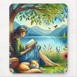 Alfombrilla De Ratón Niña leyendo un libro bajo un árbol con un gato so