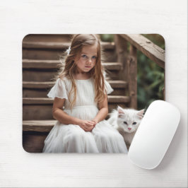 Alfombrilla De Ratón Niña Pequeña Con Gato Blanco