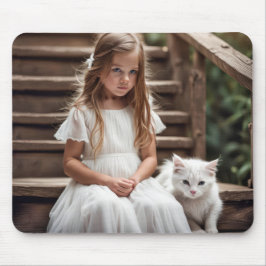 Alfombrilla De Ratón Niña Pequeña Con Gato Blanco