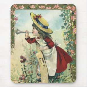 Alfombrilla De Ratón Niña Victoriana Antigua Tocando una Corneta en una