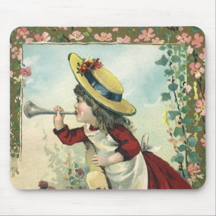 Alfombrilla De Ratón Niña Victoriana Antigua Tocando una Corneta en una