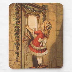 Alfombrilla De Ratón Niña Victoriana de Navidad Antigua Colgando una Gu
