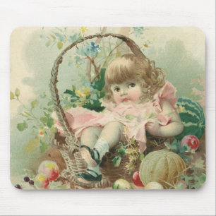 Alfombrilla De Ratón Niña Victoriana Vintage, Cesta de Frutas de Primav