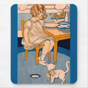 Alfombrilla De Ratón Niña y gato blanco de los años 20
