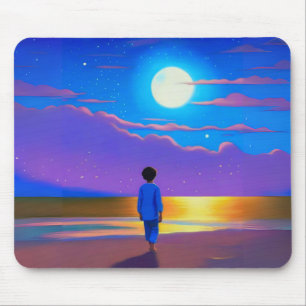 Alfombrilla De Ratón Niño en la playa, mirando a la luna