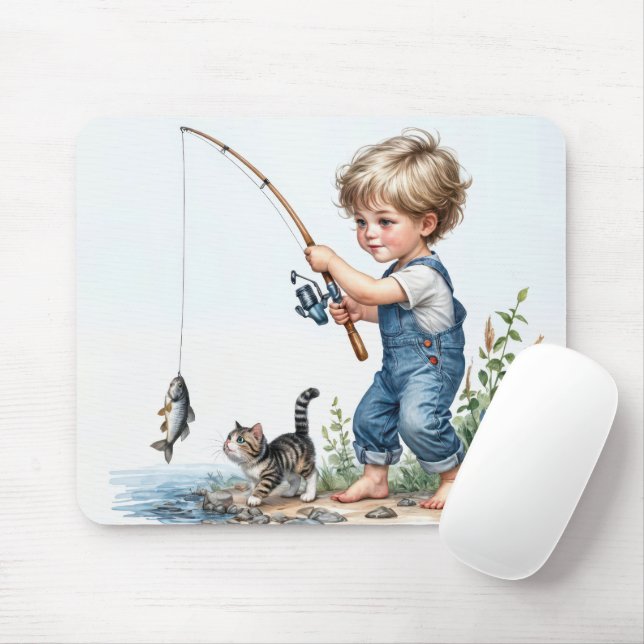 Alfombrilla De Ratón Niño Pescando Con Gatito (Con ratón)