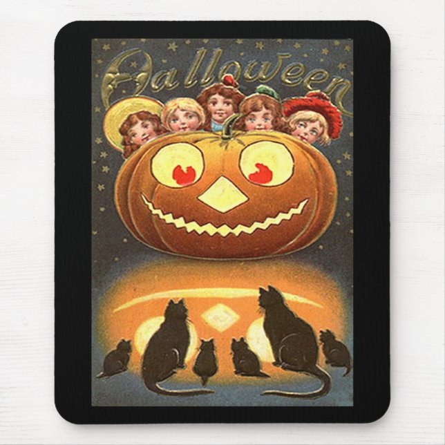 Alfombrilla De Ratón Niños y gatos de Halloween de época (Frente)