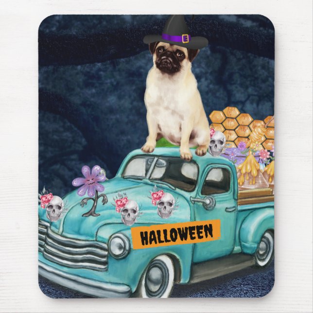 Alfombrilla De Ratón Noche de miedo del Camión Pug Dog Halloween (Frente)
