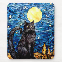 Noche estrellada de gato negro de vidrio manchado
