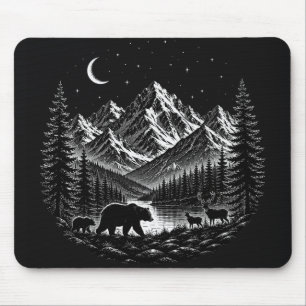 Alfombrilla De Ratón Noche Salvaje de Montaña Mística Estilo Linocut