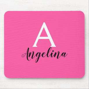 Alfombrilla De Ratón Nombre con monograma femenino rosa caliente blanco
