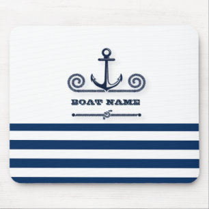 Alfombrilla De Ratón Nombre de Barco Náutico, Ancla, Cuerda, Rayas Azul