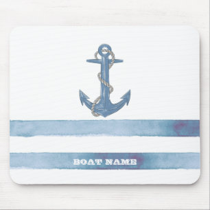 Alfombrilla De Ratón Nombre de Barco Náutico,Ancla,Cuerda,Rayas Azules 