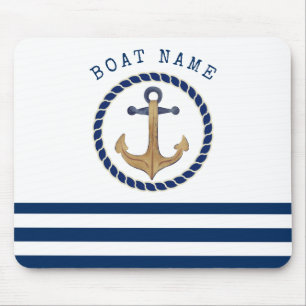 Alfombrilla De Ratón Nombre de Barco Náutico, Ancla Retro Azul Marina