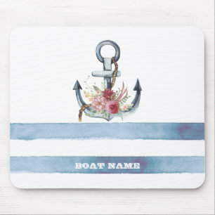 Alfombrilla De Ratón Nombre de Barco Náutico, Flores de Ancla Rayas