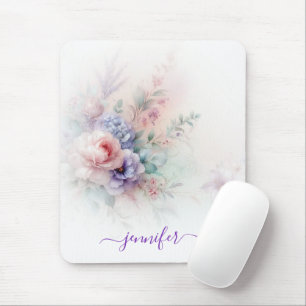 Alfombrilla De Ratón Nombre de guión de colores pastel florales aquarel