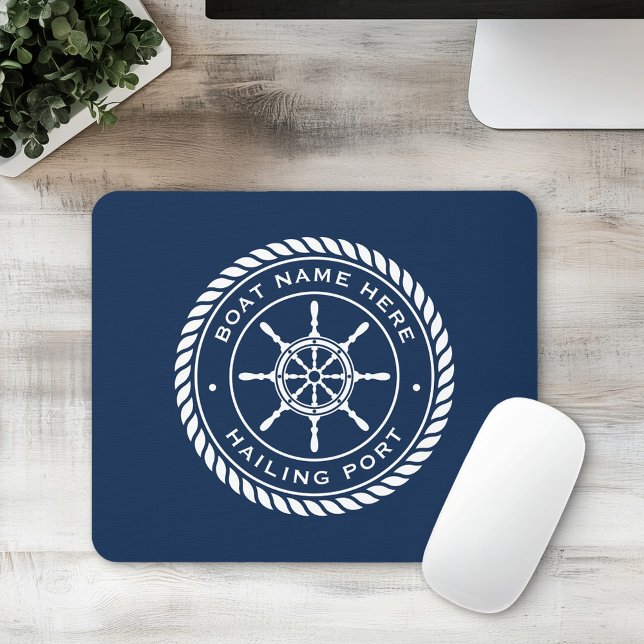 Alfombrilla De Ratón Nombre de la embarcación y rueda del buque náutico (Boat name and hailing port nautical ship's wheel mouse pad)